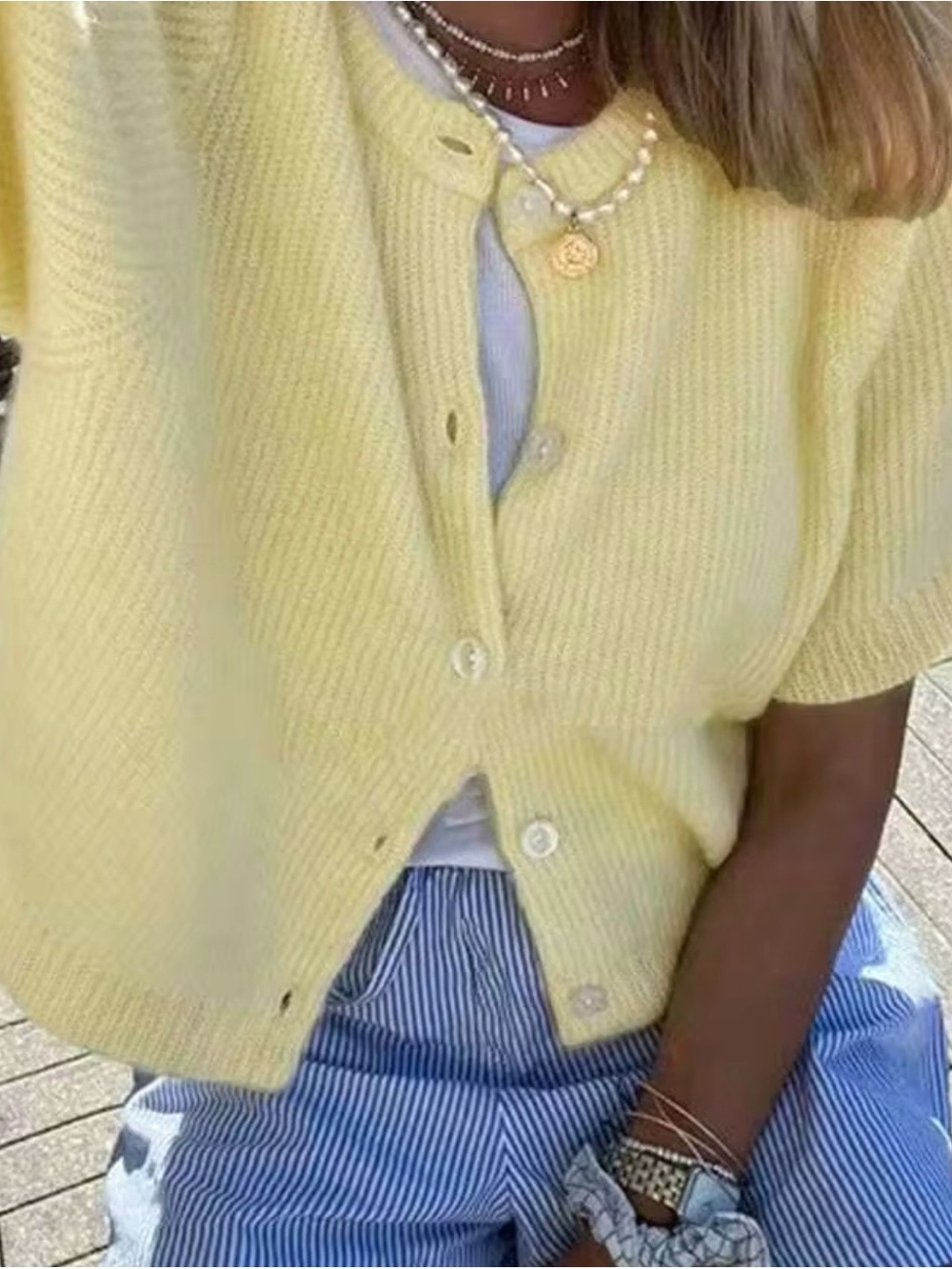 SHEIN Pale Yellow Short-Sleeve Button Knit Cardigan Top